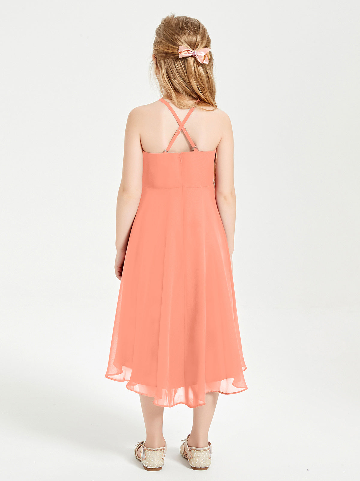 Trendy Tea Length Junior Bridesmaid Dresses Asymmetrical Skirt Sunset